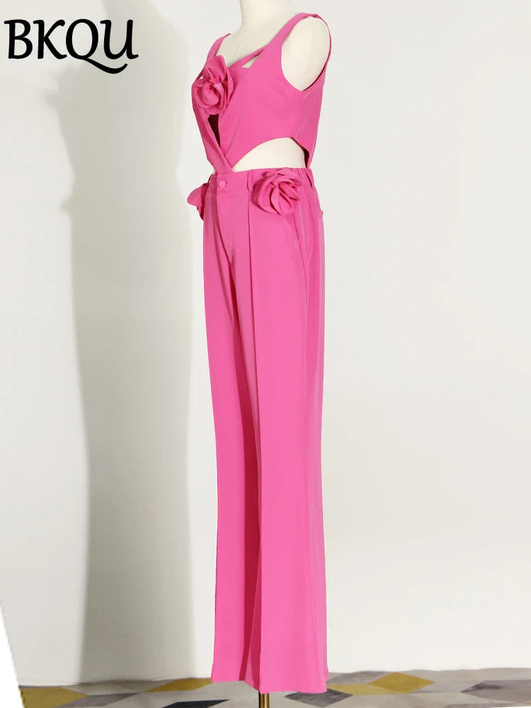 BKQU Trendy Pants Two Pieces Set Women 3D Floral Sexy Hollow Out Vest High Waist Flare Trousers Sets Elegant Lady Party Outfits