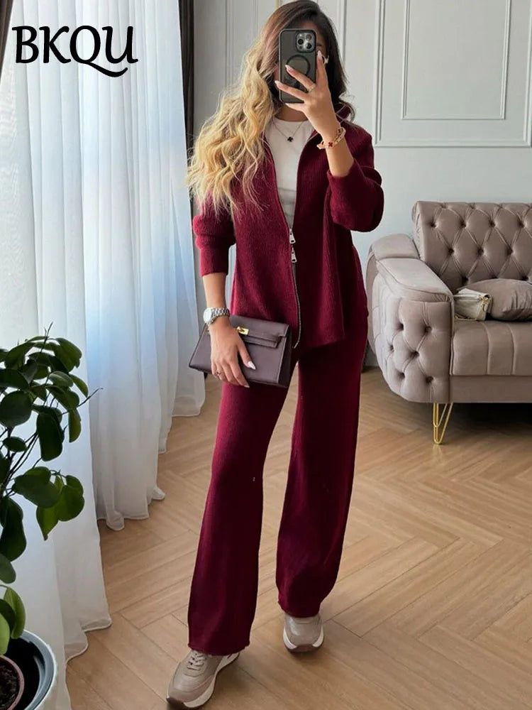 BKQU Sweater Cardigan Pants 2 Pieces Sets Women Casual Solid Zipper Jackets Wide Leg Trousers Autumn Winter Knitted Tracksuit