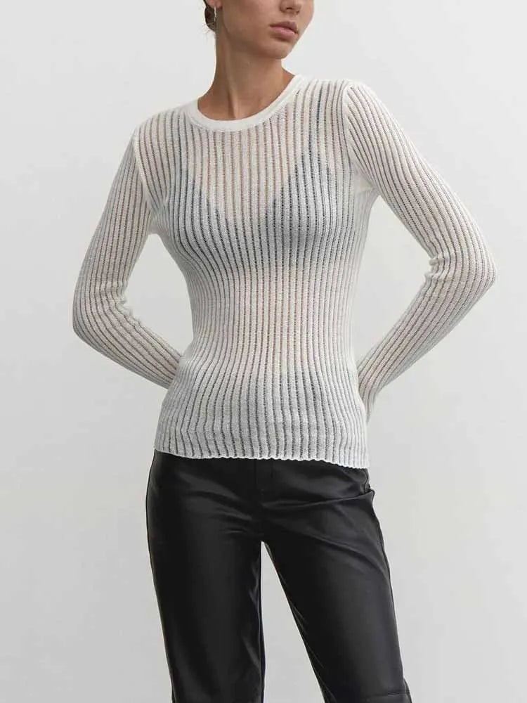 BKQU Casual See Through Knit T-Shirt Women Elegant Striped O-Neck Long Sleeve Tees Elastic Slim Female Basic Pullover Tops 2025