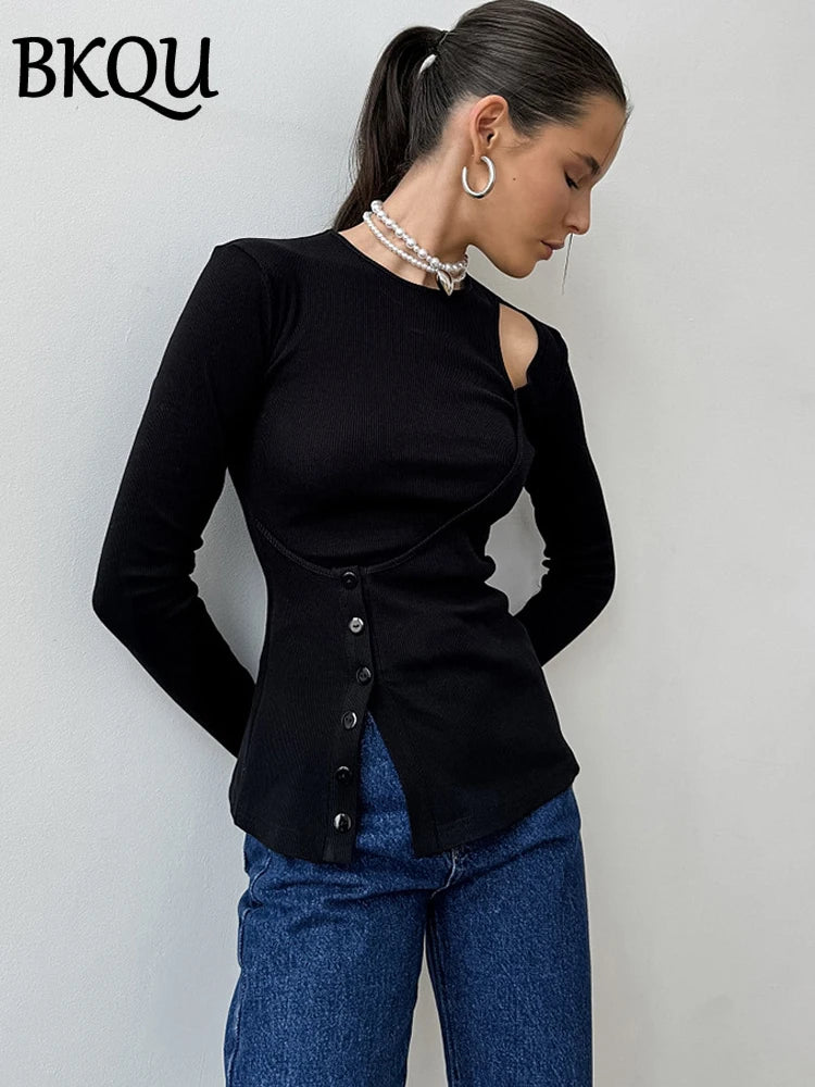 BKQU Sexy Hollow Out T Shirt Woman Black Long Sleeve Ribbed Tee Tops Autumn Casual Slim O Neck Button Streetwear T-shirt 2024