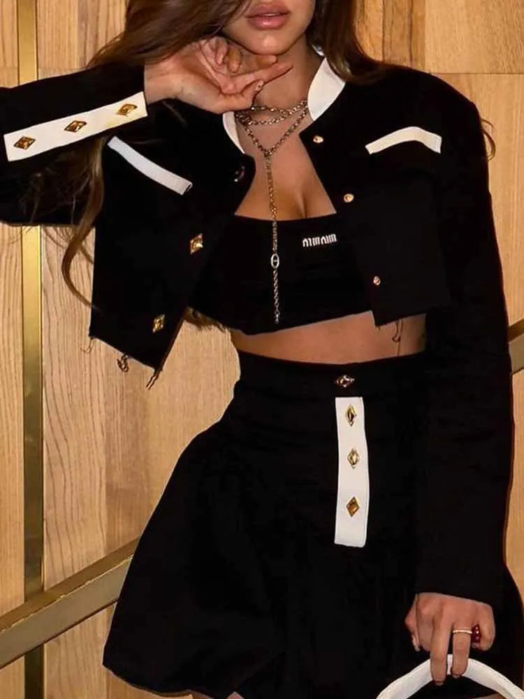 BKQU Elegant Women Sets Patchwork Long Sleeve Button Crop Jacket High Waist Pleated Mini Skirt Two Piece Sets 2025 Spring Outfit