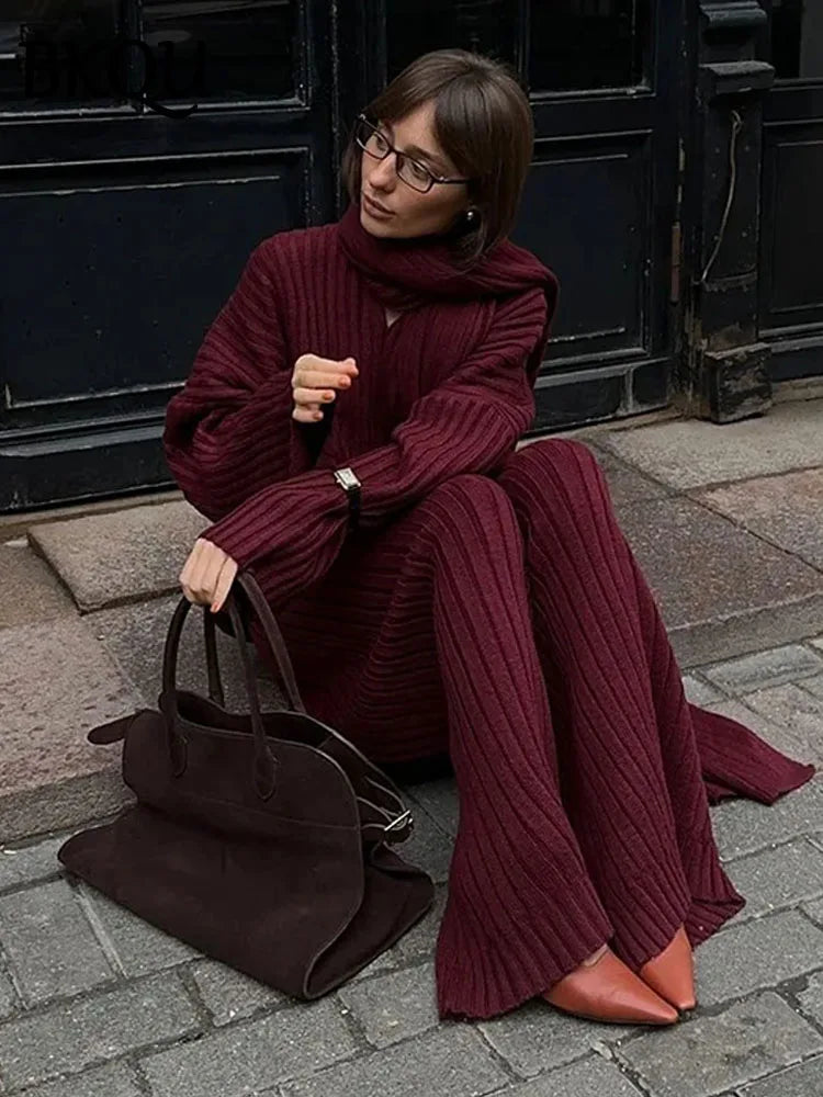 BKQU Elegant With Scarf Knit Pants Set Women Autumn Winter Loose V-neck Pullover Sweater Elastic Straight Trouser WarmStreetwear