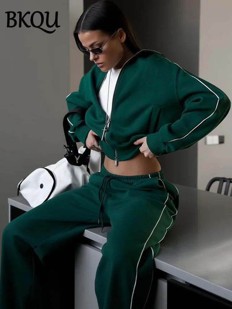 BKQU Casual Sports 2 Pieces Set Women Contrast Zipper Cardigan Jacket And Lace Up Wide Leg Pants Matching Suit Fashion Tracksuit