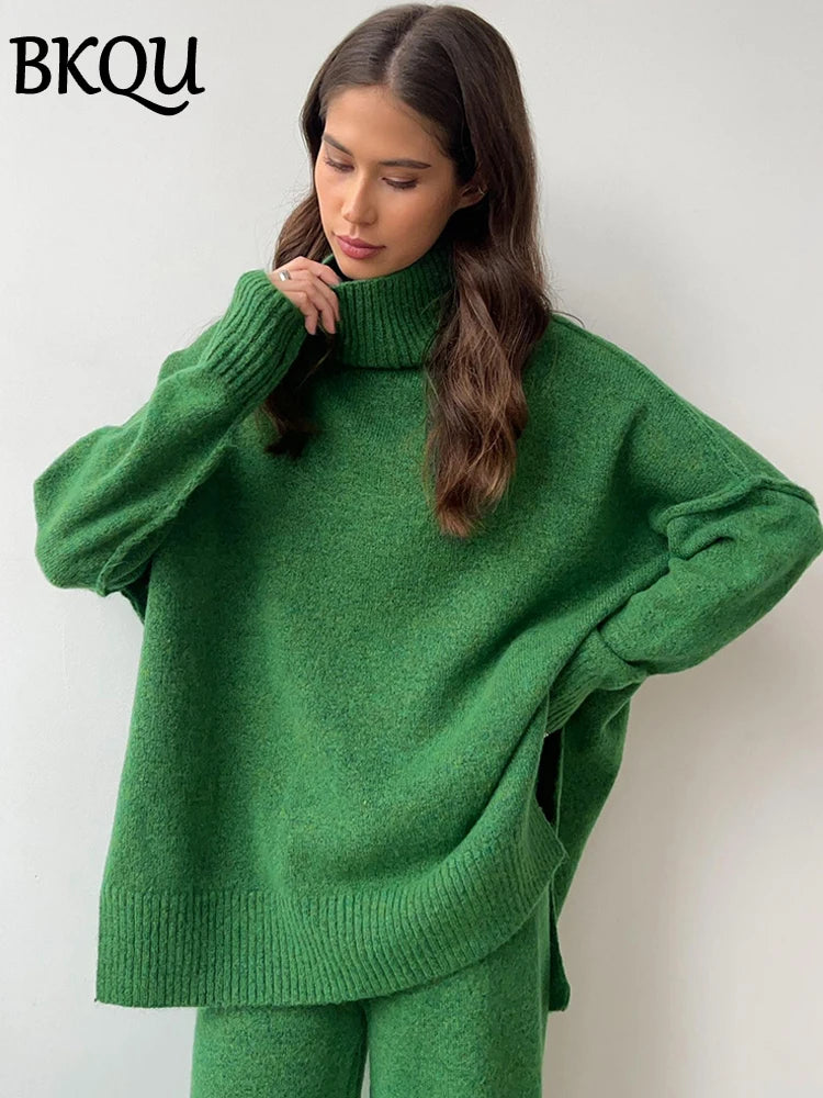 BKQU Turtleneck Sweater Knitted Pants Suits Women Autumn Winter Loose Casual Split Top And Wide Leg Trousers Warm Two Piece Set
