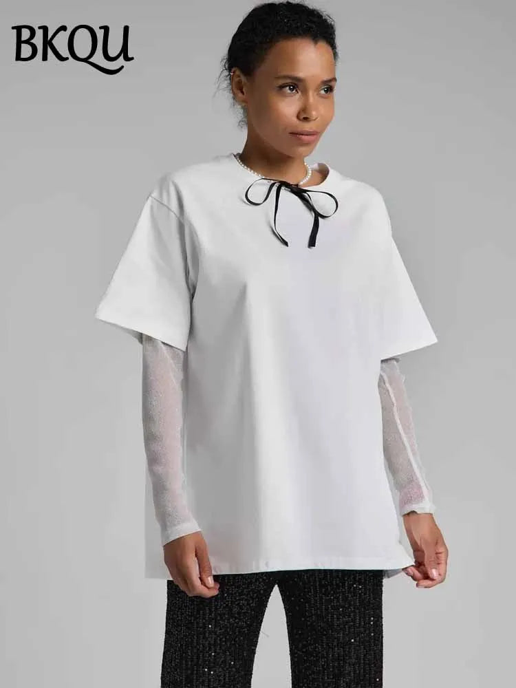 BKQU Summer Oversize T Shirt Women Cotton Patchwork Bright Mesh Long Sleeve Fake Two Pieces Top 2025 New Chic Female Street Tees