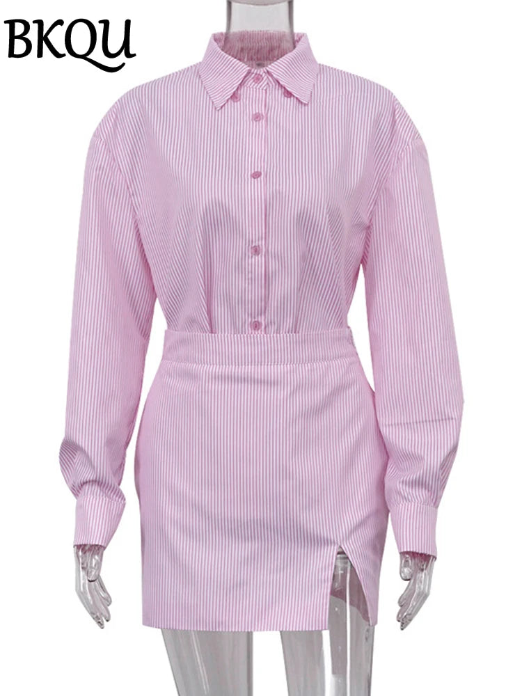 BKQU Fashion Stripe Print Skirt Two Piece Sets Women Office Long Sleeve Button Shirts With High Waist Mini Skirts Outfits Autumn