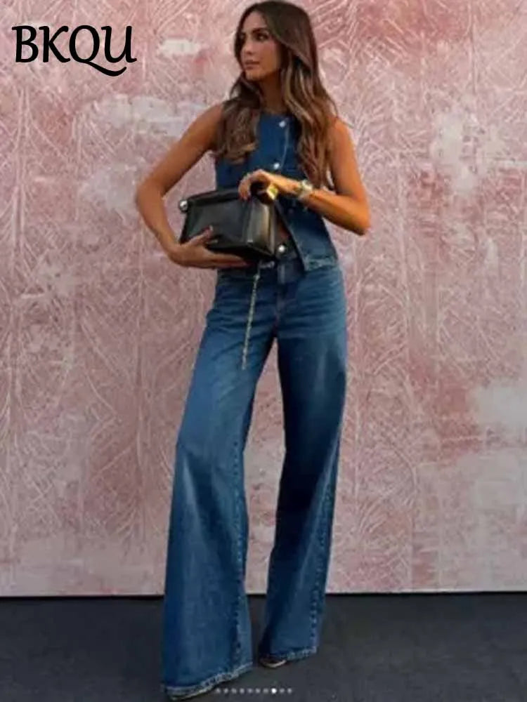 BKQU Hight Street Denim 2 Piece Sets Women Fashion Sleeveless Single Breasted Vest Top Wide Leg Pants Suit 2025 New Jeans Outfit