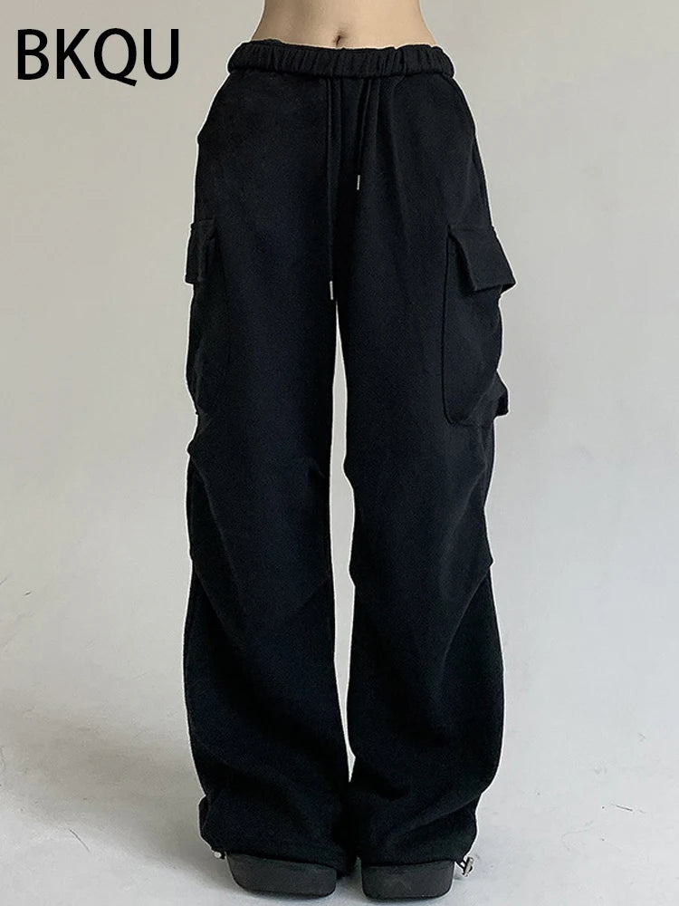 BKQU Gray Knit Pockets Cargo Pants Women 2023 Autumn High Waist Straight Wide Leg Sweatpants Casual Drawstring Joggers Trousers