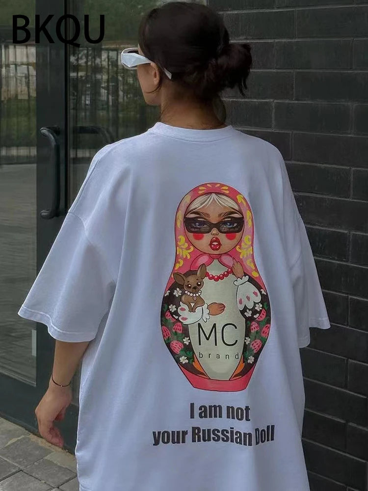 BKQU Kawaii Graphic Printed Oversized T shirts For Women y2k Letter Tee Tops 2024 Fashion Short Sleeve O-neck Female Pullovers