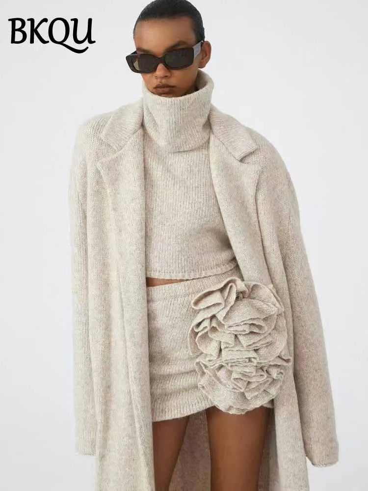 BKQU Knitted 3 Piece Set Women Temperament Long Sweater Cardigan Turtleneck Sleeveless Vest 3D Flower Mini Skirts Chic Sets 2025