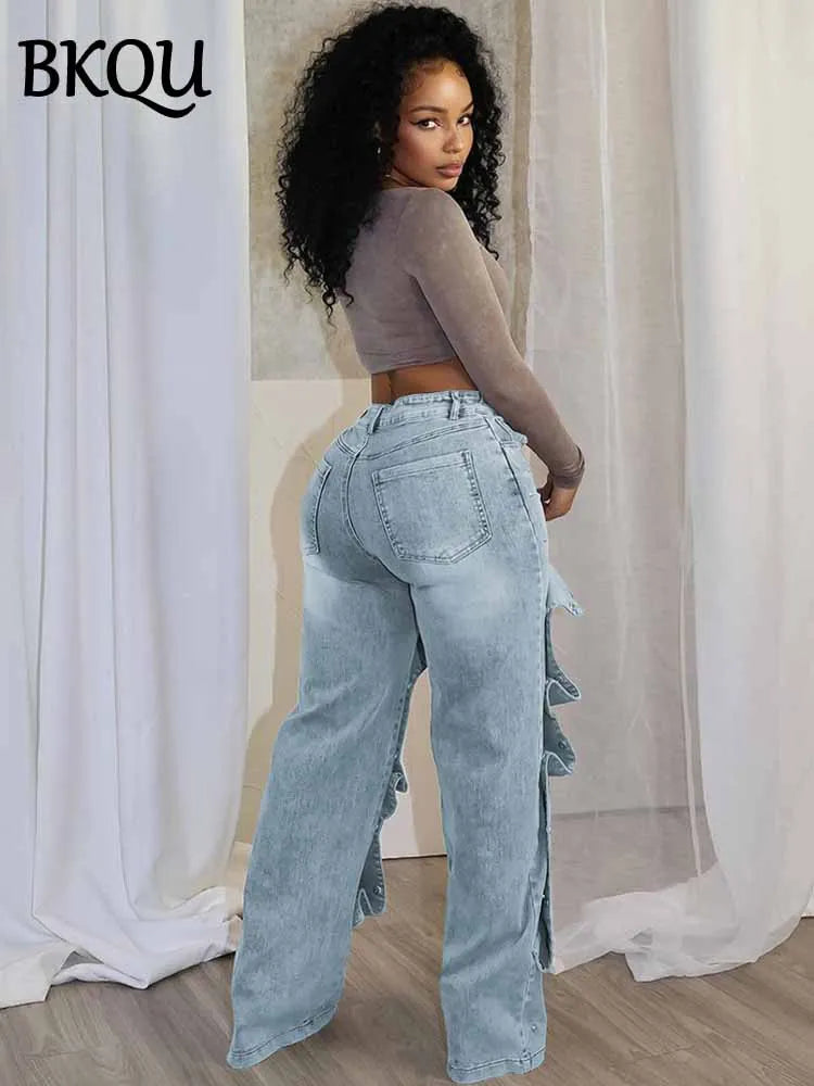 BKQU Cargo Detachable Buttons Straight Denim Pants Women Fashion Retro High Waist Streetwear Elastic Wide Leg Jeans Trouser 2025