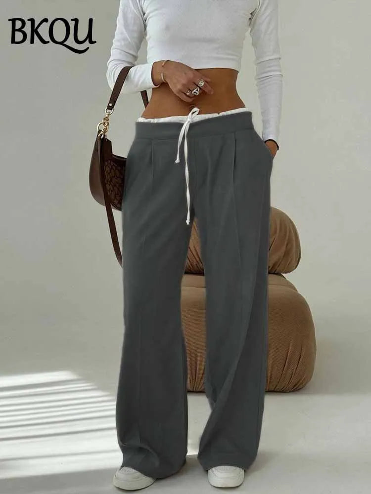 BKQU 2025 Woman Casual Pants Fake Two Piece Lace Up Loose Wide Leg Trousers Fashion High Waist Commuter Office Lady Suit Pants
