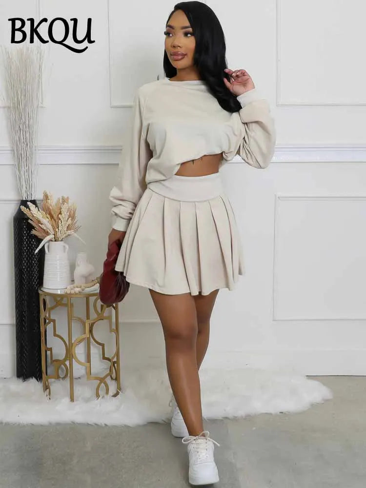 BKQU Casual Pleated Skirt 2 Piece Set Women Solid Color Long Sleeve Sweatershirt High Waist Mini Skirt Matching Tracksuit Outfit