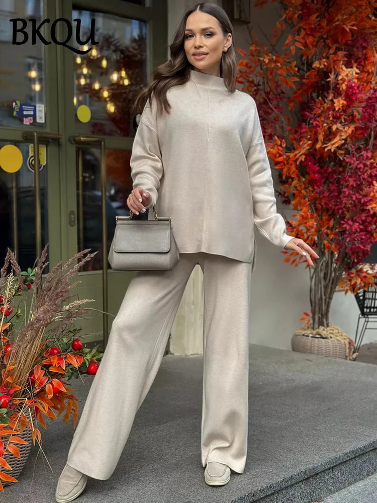 BKQU Knitted Fashion 2 Pieces Sets Women Half Turtleneck Split Sweater Wide Leg Pants Autumn Winter Loose Warm Knitted Outfits