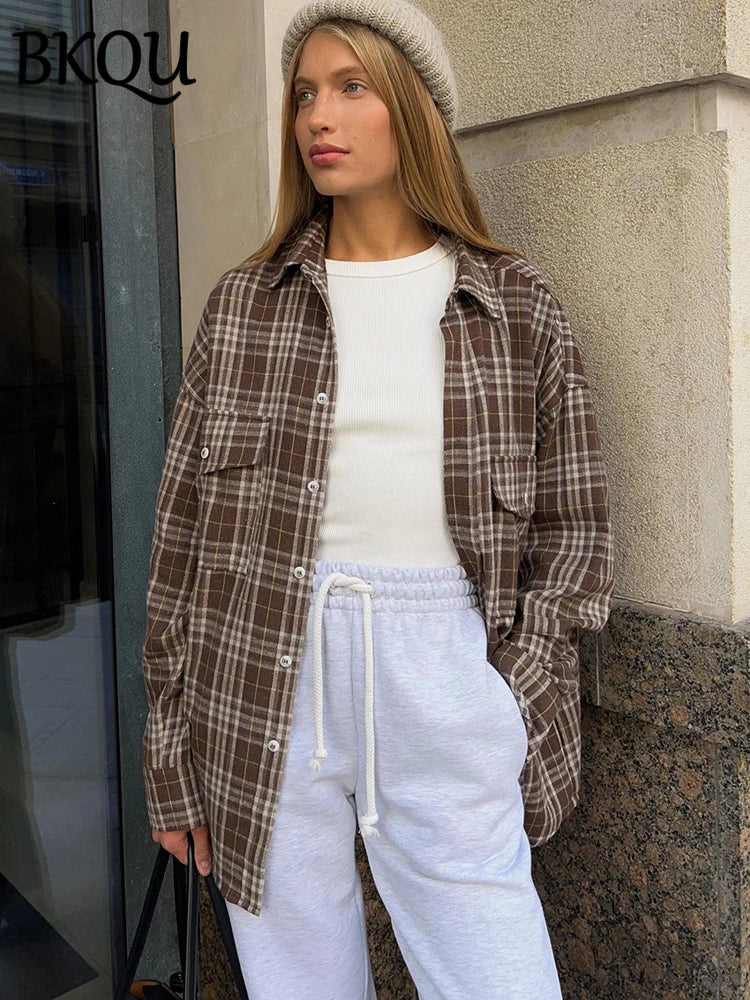 BKQU Plaid Single-breasted Loose Blouse Women Pocket Long Sleeve lapel Shirts 2024 New Korean Style Casual Mid-length Tops