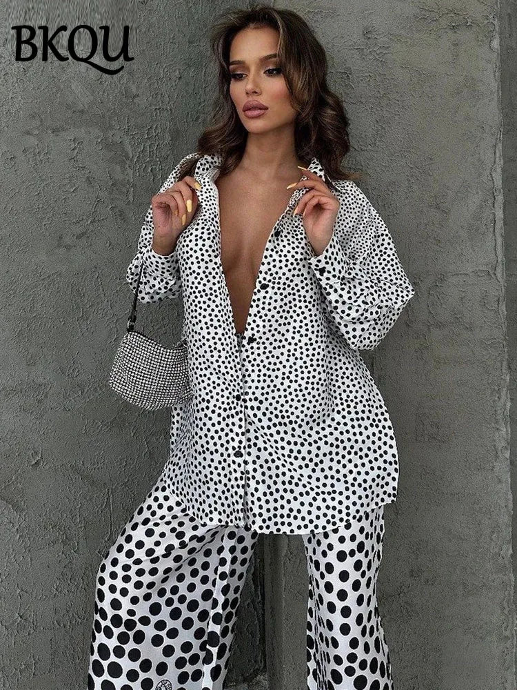 BKQU Casual Loose Print 2 Piece Sets Women Long Sleeve Button Shirts And High Waist Wide Leg Pants Matching Suit Chic Streetwear