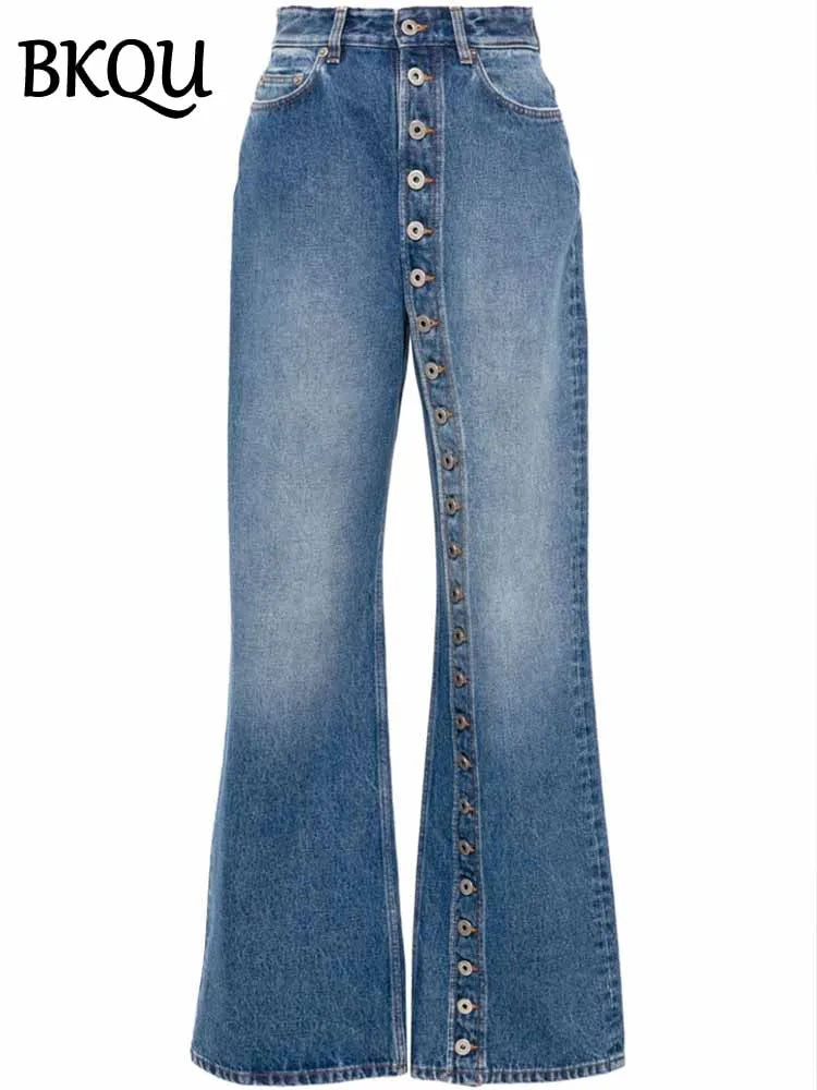 BKQU Straight Jeans Women Single Breasted Fashion High Waisted Loose Wide Leg Denim Pants 2025 Spring Elegant Streetwear Bottoms