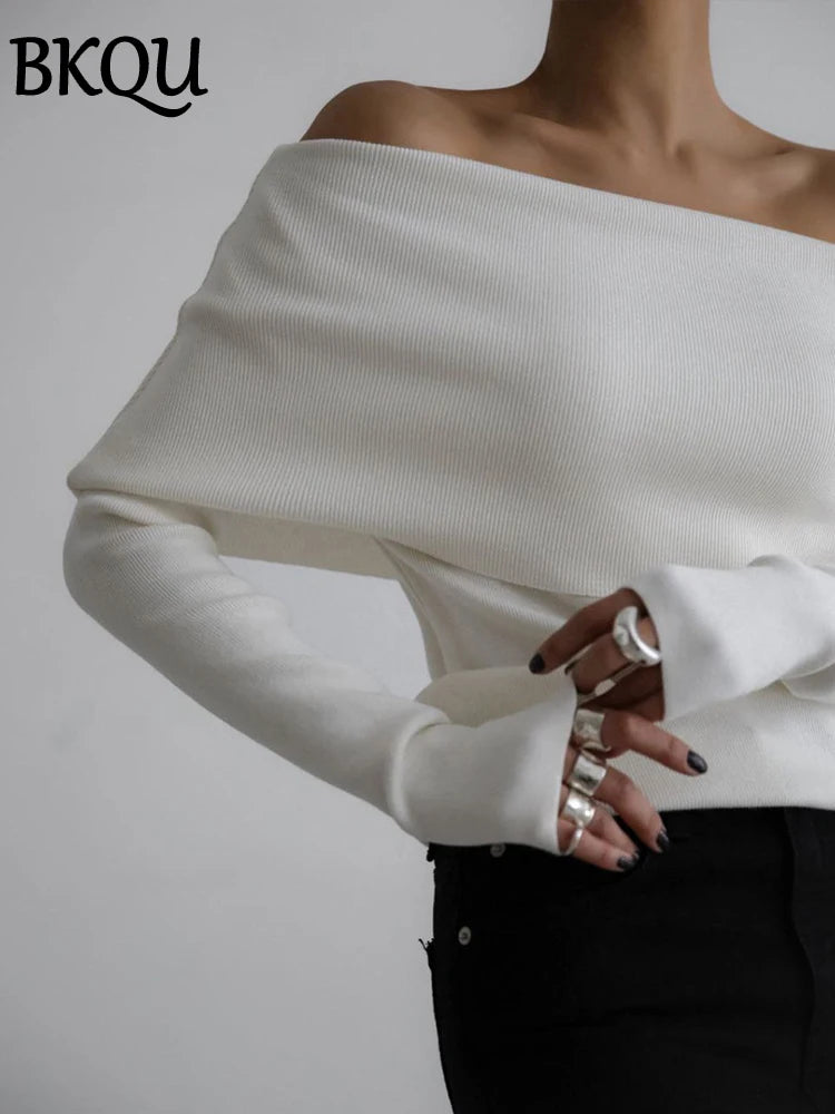 BKQU Elegant Off Shoulder Knitted T-Shirts Women Autumn Winter Slim Slash Neck Long Sleeve Pullover Tops Streetwear Basic Tees
