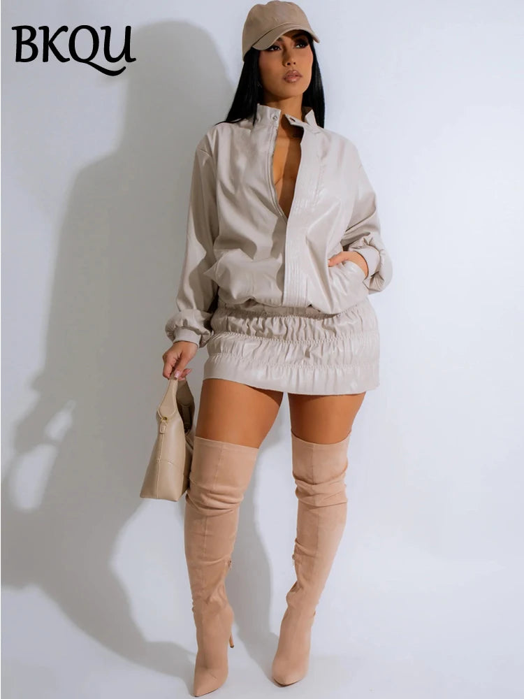 BKQU Fashion Leather Women Two Piece Set Long Sleeve Zipper Jacket Hip Package Ruched Mini Skirt Female Suit 2024 Streetwear