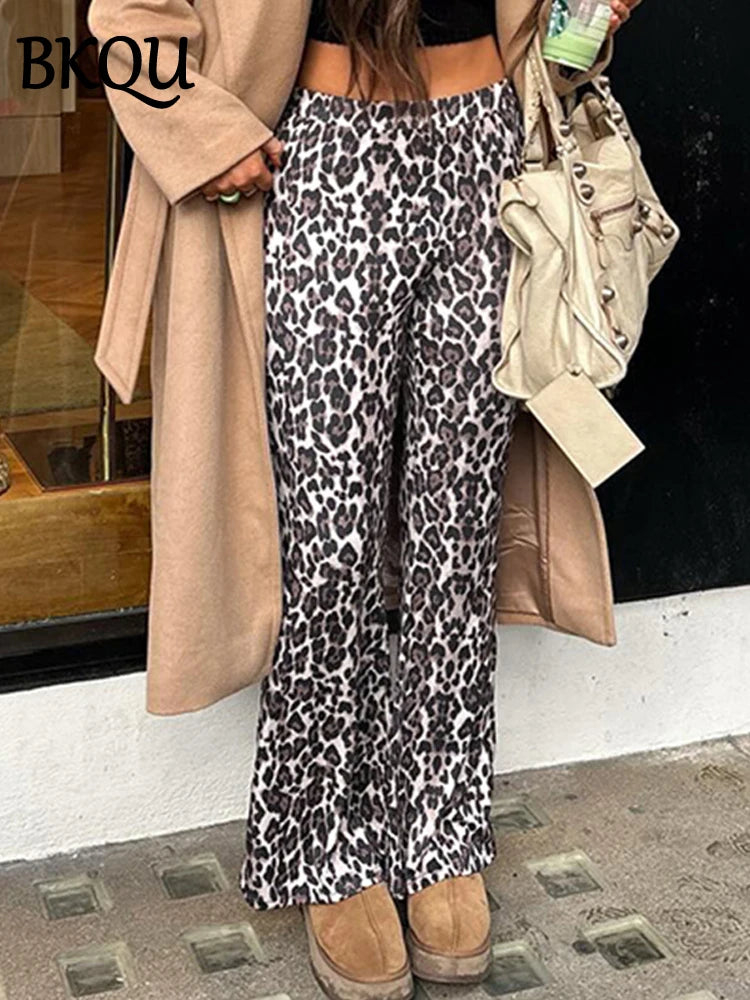 BKQU Women Leopard Print Casual Flare Pants Y2k Aesthetic High Waist Basic Leggings Trousers Autumn Fashion Slim Streetwear 2024
