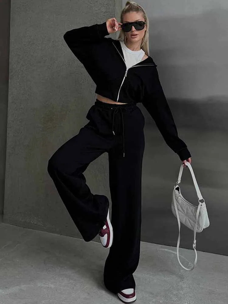 BKQU Casual Pants Sets Woman Hooded Long Sleeve Zipper Sweatshirt Solid Lace-up Wide Leg Sweatpants 2025 New Fashion Tracksuit