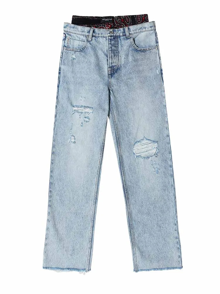 BKQU Ripped Straight Jeans Women American Vintage Print Spliced High Waist Denim Wide Leg Pants Hip Hop Y2k Wild Streetwear 2025