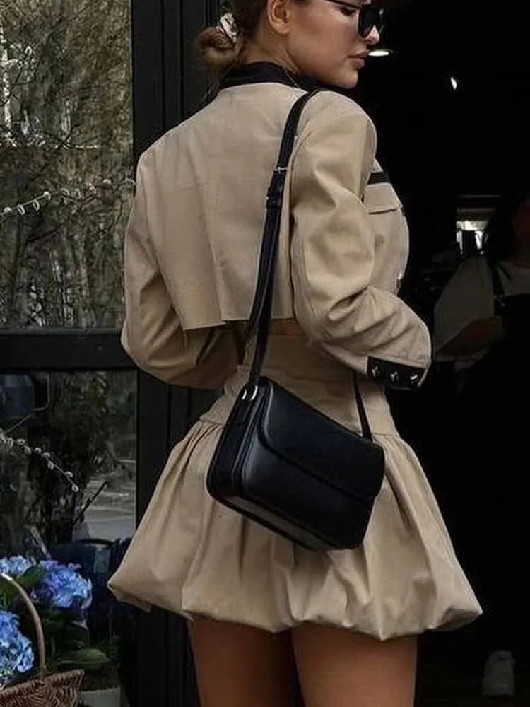 BKQU Elegant Women Sets Patchwork Long Sleeve Button Crop Jacket High Waist Pleated Mini Skirt Two Piece Sets 2025 Spring Outfit