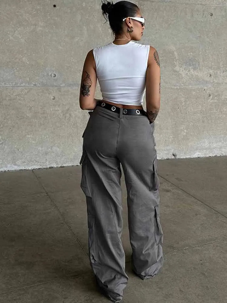 BKQU Multi-pockets Vintage Cargo Pants Women High Waist Straight Leg Baggy Trousers Casual All-Match Streetwear Y2K Sweatpants