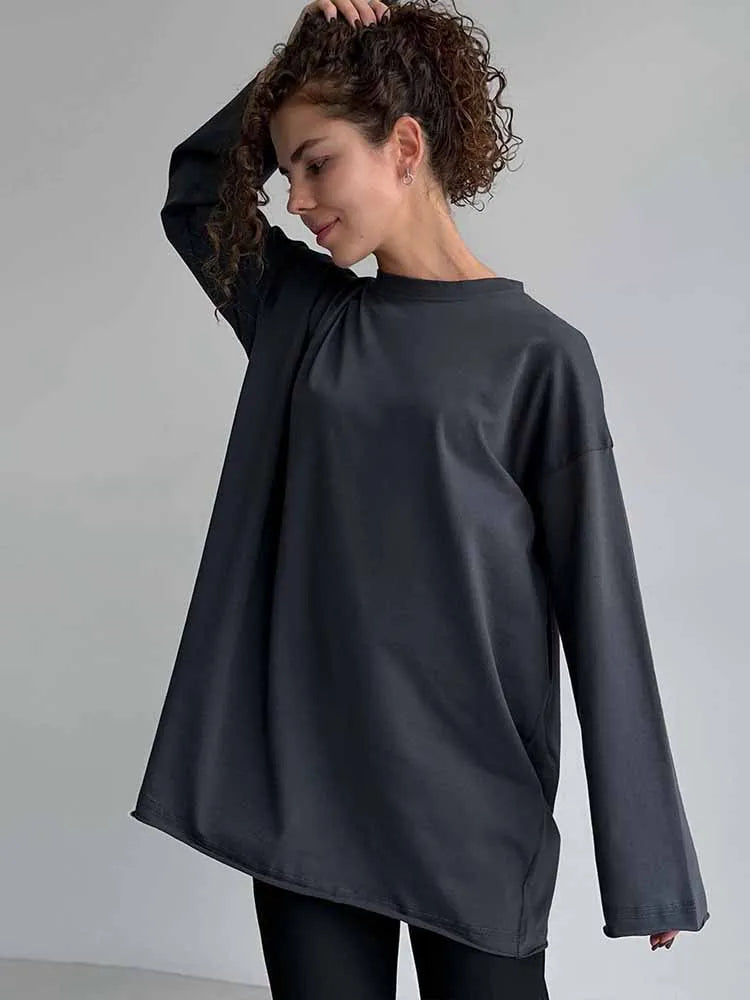 BKQU 100%Cotton T-shirt Women's Classic 2025 Spring O-Neck Long Sleeved Oversize T Shirt  Loose Casual Solid Color Pullover Tops