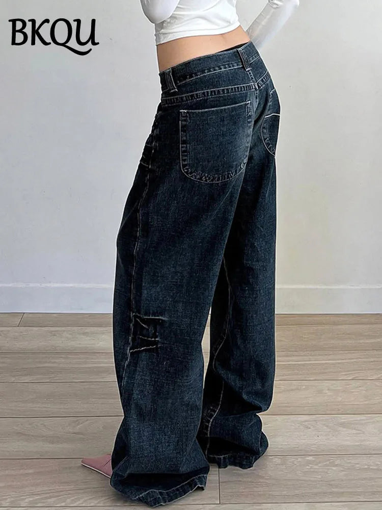 BKQU Wide Leg Baggy Jeans Women Retro High Waist Boyfriend Style Korean Fashion Straight Loose Denim Pants Harajuku Streetwear