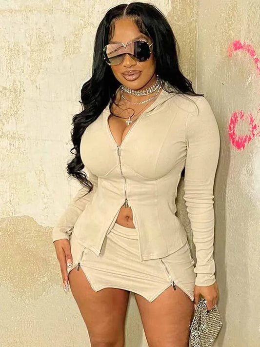 BKQU Stretch Women Tracksuit 2 Piece Set Ribber Zipper Long Sleeve Hoodie+Wrap Hip Split Mini Skirts Outfits Female Streetwear