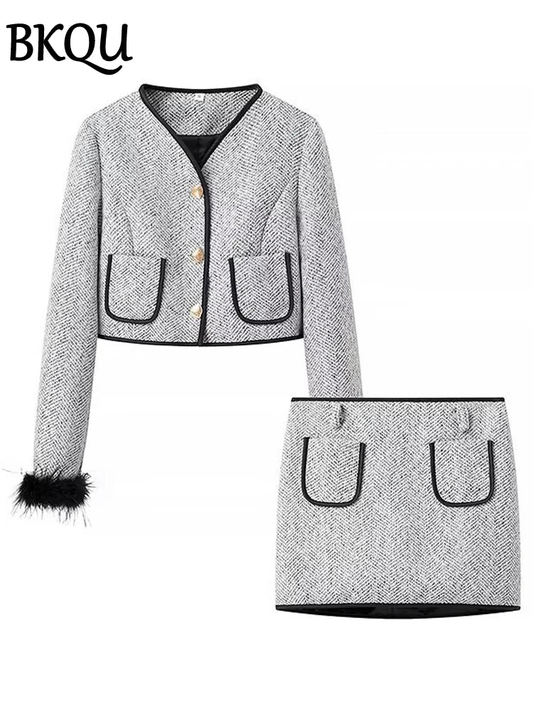 BKQU Tweed Jacket Mini Skirts Two Piece Set For Women Elegant V-neck Single Breasted Feather Sleeve Coat Female Chic Skirt Suits