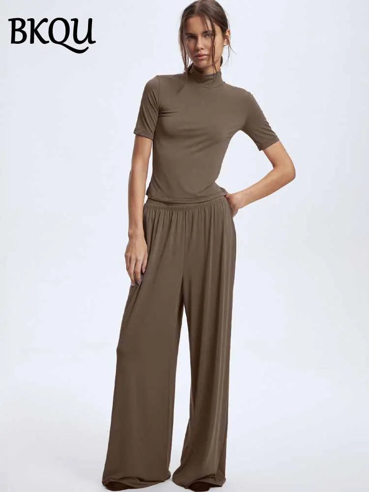 BKQU Women 2 Pieces Pant Sets Loungewear Modal Soft Short Sleeve Crop Tops and Elastic Wide Leg Pants Outfits Sleepwear Homewear