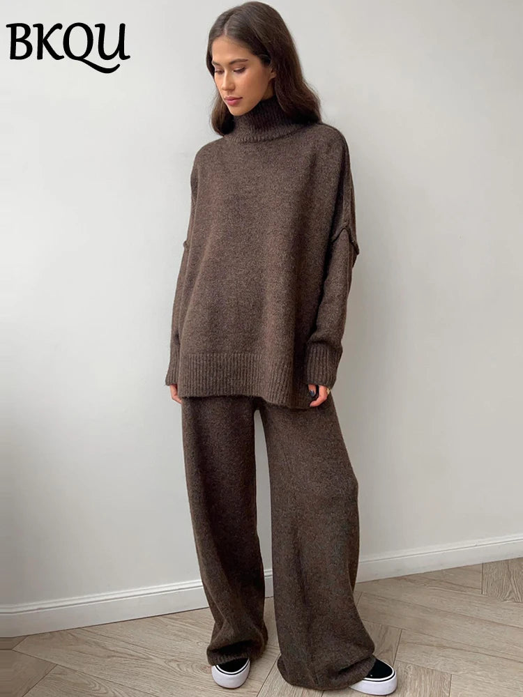 BKQU Turtleneck Sweater Knitted Pants Suits Women Autumn Winter Loose Casual Split Top And Wide Leg Trousers Warm Two Piece Set