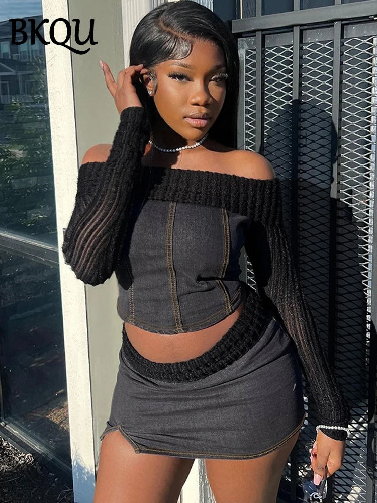 BKQU Two Piece Set Women Denim Patchwork Sexy Off Shoulder Long Sleeve Crop Tops Bodycon Mini Skirts Y2k Club Party Outfits 2024