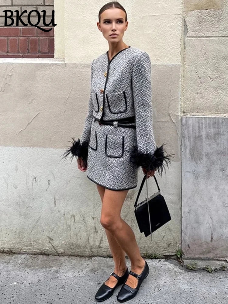 BKQU Tweed Jacket Mini Skirts Two Piece Set For Women Elegant V-neck Single Breasted Feather Sleeve Coat Female Chic Skirt Suits