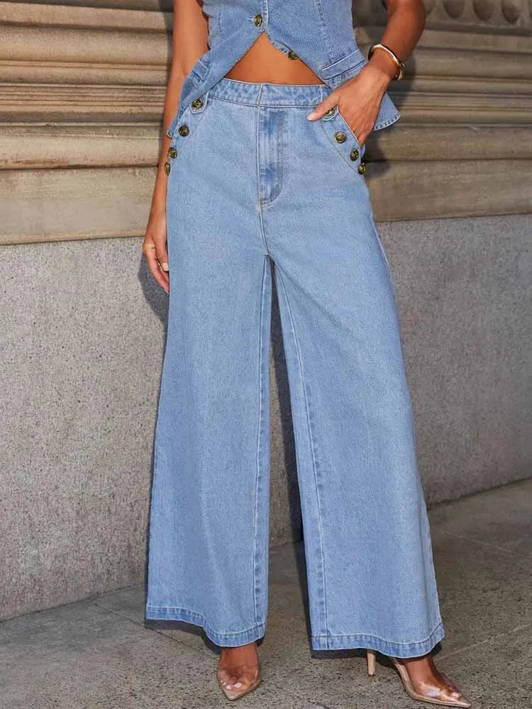 BKQU 2025 Casual Denim Waistcoat Jeans Set Women Front Button O-neck Sleeveless Vest+Wide Leg Trousers Commute Lady 2 Piece Sets