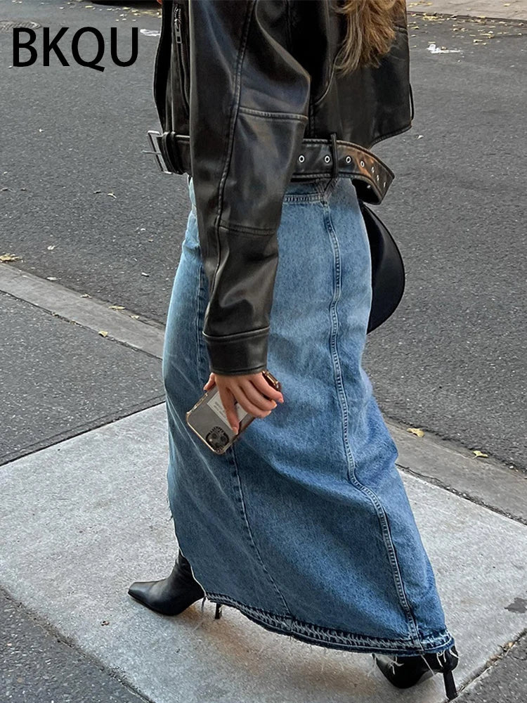 BKQU Autumn Blue Denim Skirts Women 2023 Elegant High Waist Slit Office Lady Long Skirt Fashion Street Y2k A-line Pencil Skirts