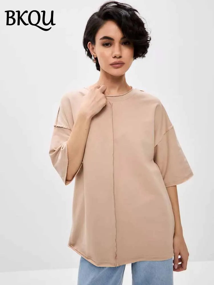 BKQU Summer Loose Short Sleeve T-Shirt Women Casual Solid O-neck 100% Cotton Tees 2025 New Simple Versatile T-shirt Streetwear