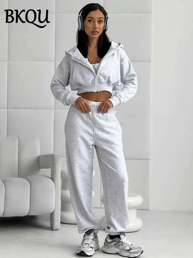BKQU Pants 2 Piece Set Women Hoodies Tracksuit 2025 Spring Casual Zip Long Sleeve Jacket +Elastic Waist Sweatpants Matching Suit