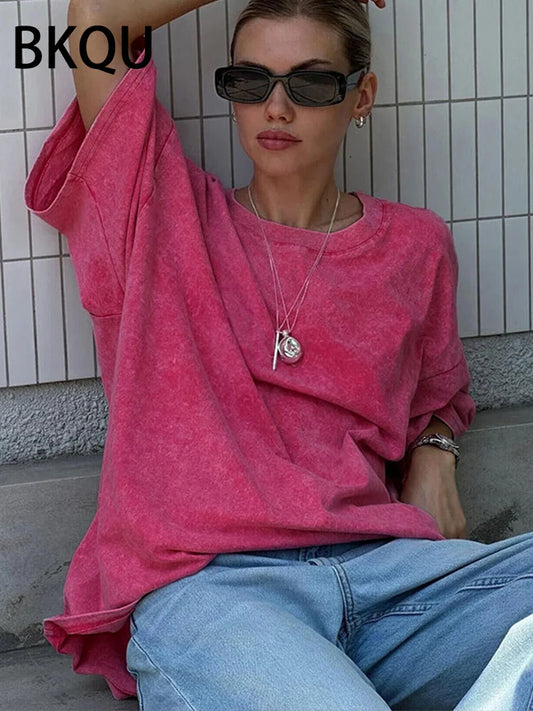 BKQU Oversized Summer T-shirt for Women Men Cotton Solid Color Tees Multicolor Vintage Streetwear Loose Hip Hop Short Sleeve Top