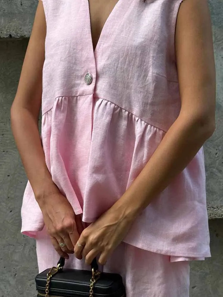 BKQU Fashion Pink Cotton Linen 2 Piece Set Women Summer V-Neck Sleeveless Tank Top High Waist Casual Wide Leg Pants Suits 2025
