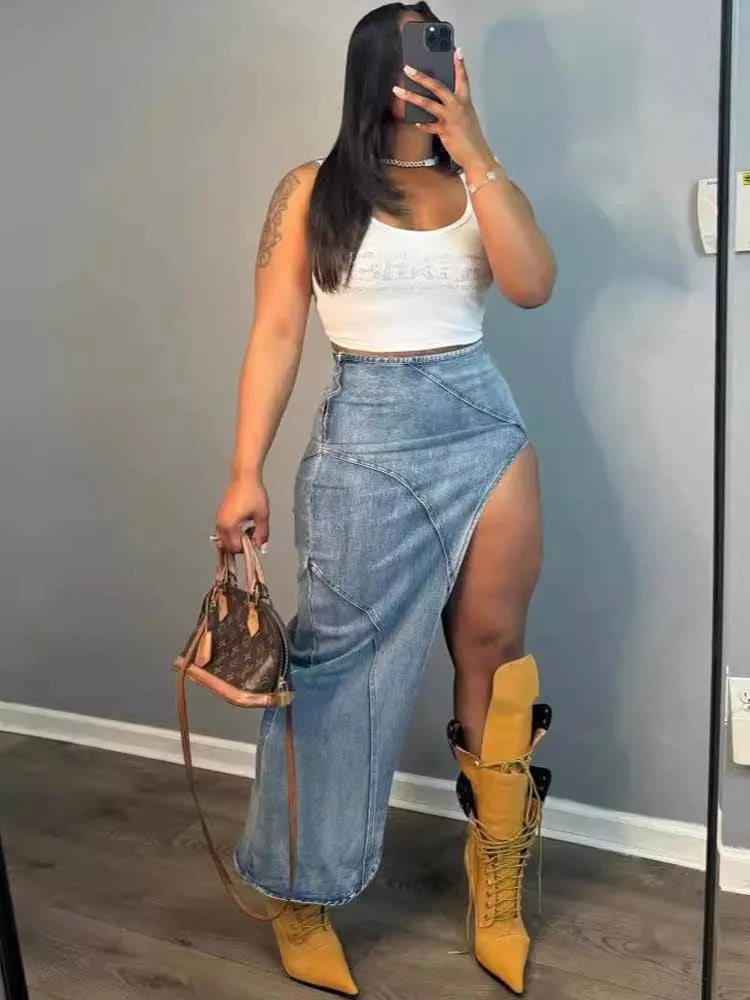 BKQU Irregular Sexy High Split Denim Skirt Women 2025 Summer Blue Fashion Bodycon Zipper Jean Long Skirt Vintage Hipster Bottoms