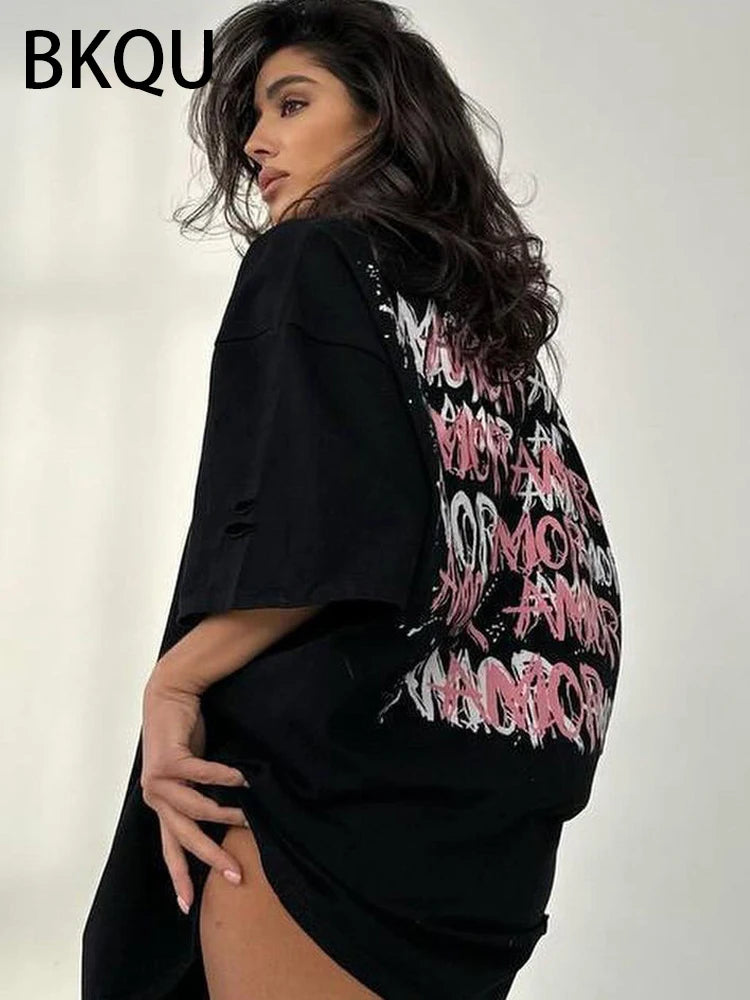 BKQU Irregular Fashion Rhinestone T-Shirts Women Oversized Short Sleeve Diamond Tees Pullovers Casual Loose Streetwear Top 2024