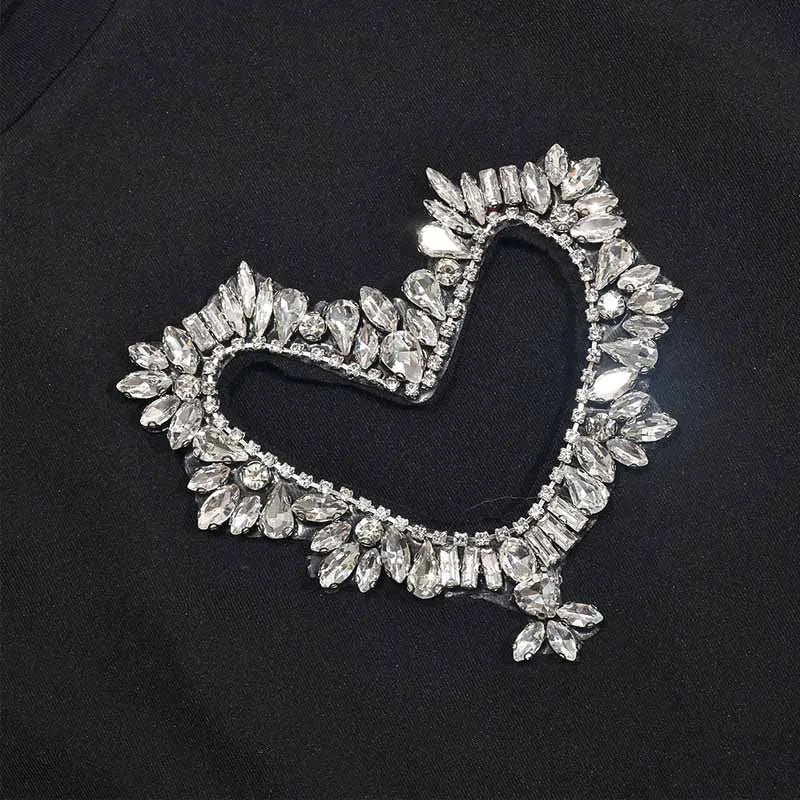 BKQU Rhinestone Fashion T-Shirt Women Y2k Tops Hollow Love Drawstring Casual O-Neck Short Sleeve Tee Tops Daily Streetwear 2025
