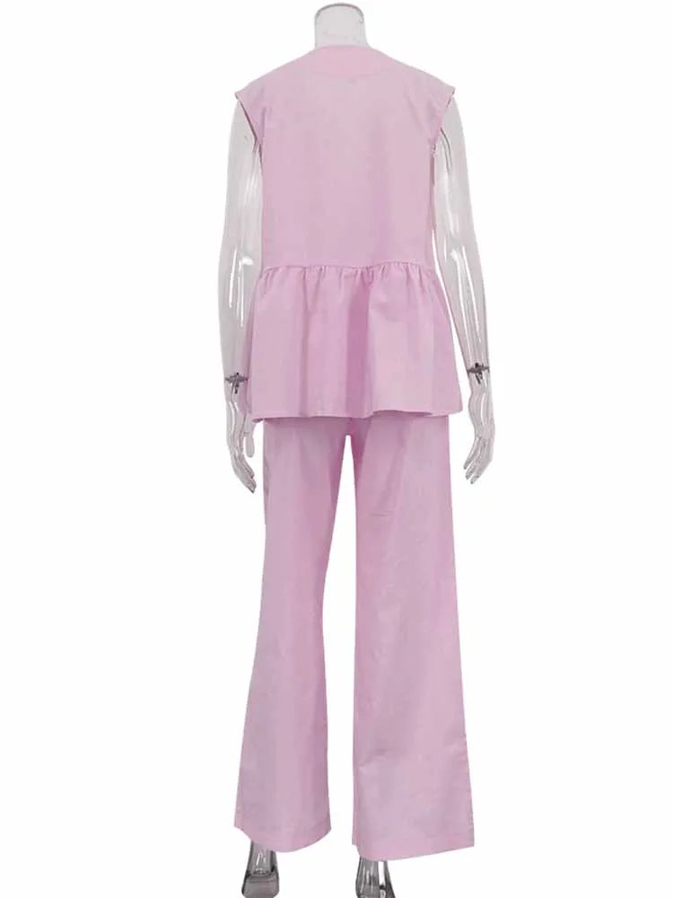 BKQU Fashion Pink Cotton Linen 2 Piece Set Women Summer V-Neck Sleeveless Tank Top High Waist Casual Wide Leg Pants Suits 2025