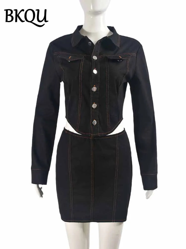 BKQU Denim Cargo Style 2 Piece Set Women Long Sleeve Single-Breasted Jacket Striped Mini Skirt Casual Matching Set 2025 Street