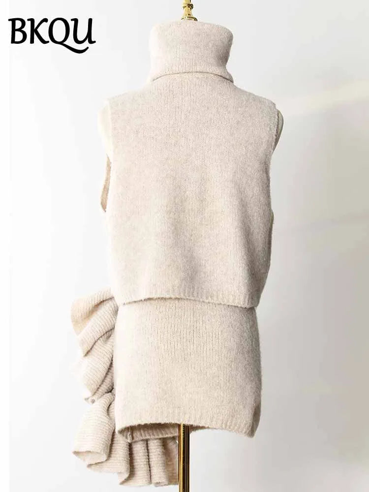 BKQU Knitted 3 Piece Set Women Temperament Long Sweater Cardigan Turtleneck Sleeveless Vest 3D Flower Mini Skirts Chic Sets 2025