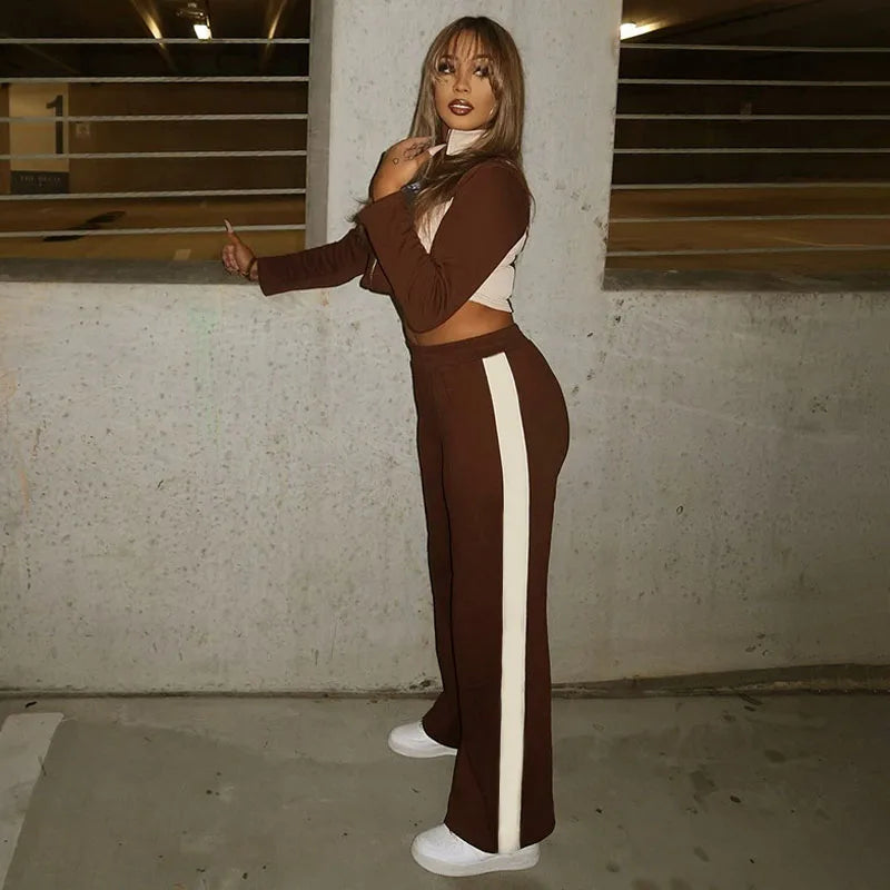 BKQU Patchwork Women Tracksuits Casual 2 Piece Set Long Sleeve Zip-up Jackets Crop Top + High Waist Jogger Pants Street Outfits