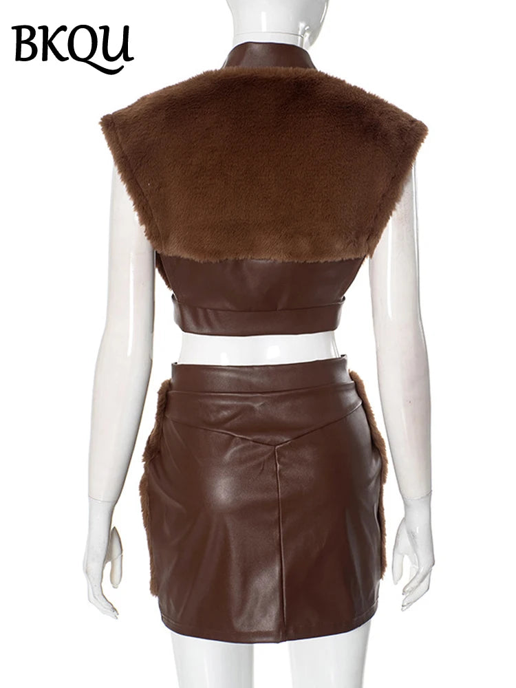 BKQU Sexy Y2K Furry Leather Skirt Suit Women Fashion Zipper Sleeveless Crop Tops Bodycon Mini Skirts Warm Elegant 2 Piece Sets